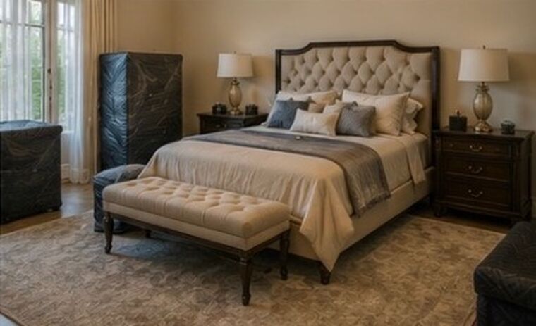 A bedroom reassembled after a ZHauler delivery, protective covers still on the side furniture