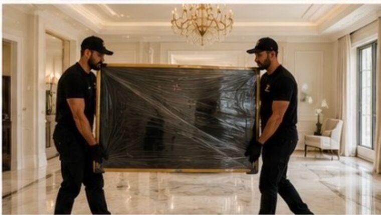 Two movers carrying a large wrapped mirror through a hallway