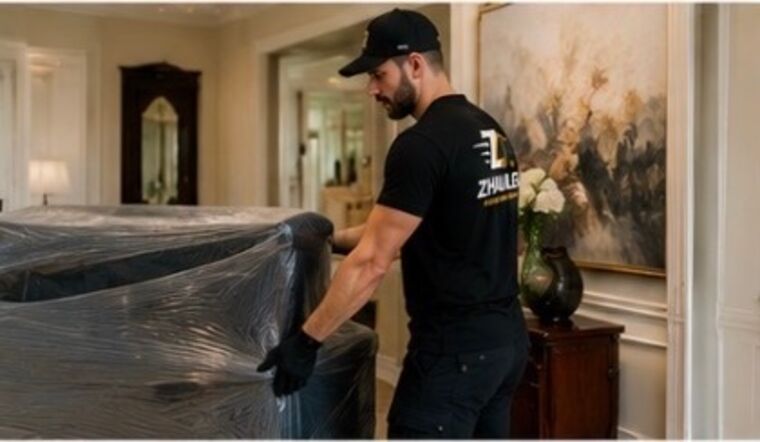 Mover shrink-wrapping a sideboard in place