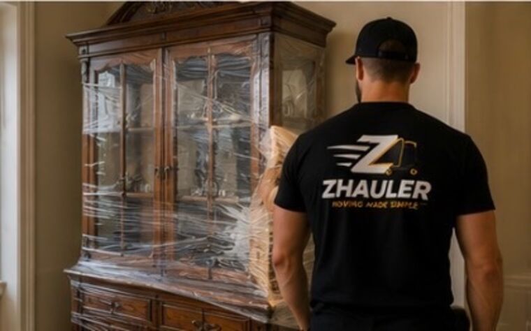 Mover carrying a wrapped antique display cabinet