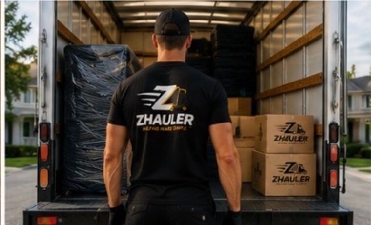Crew loading wrapped furniture and labelled boxes into a ZHauler truck