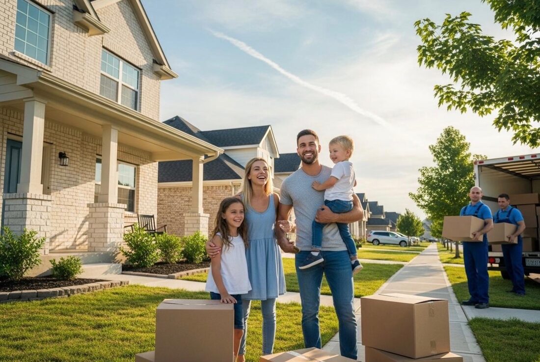 A family standing outside their new home on moving day