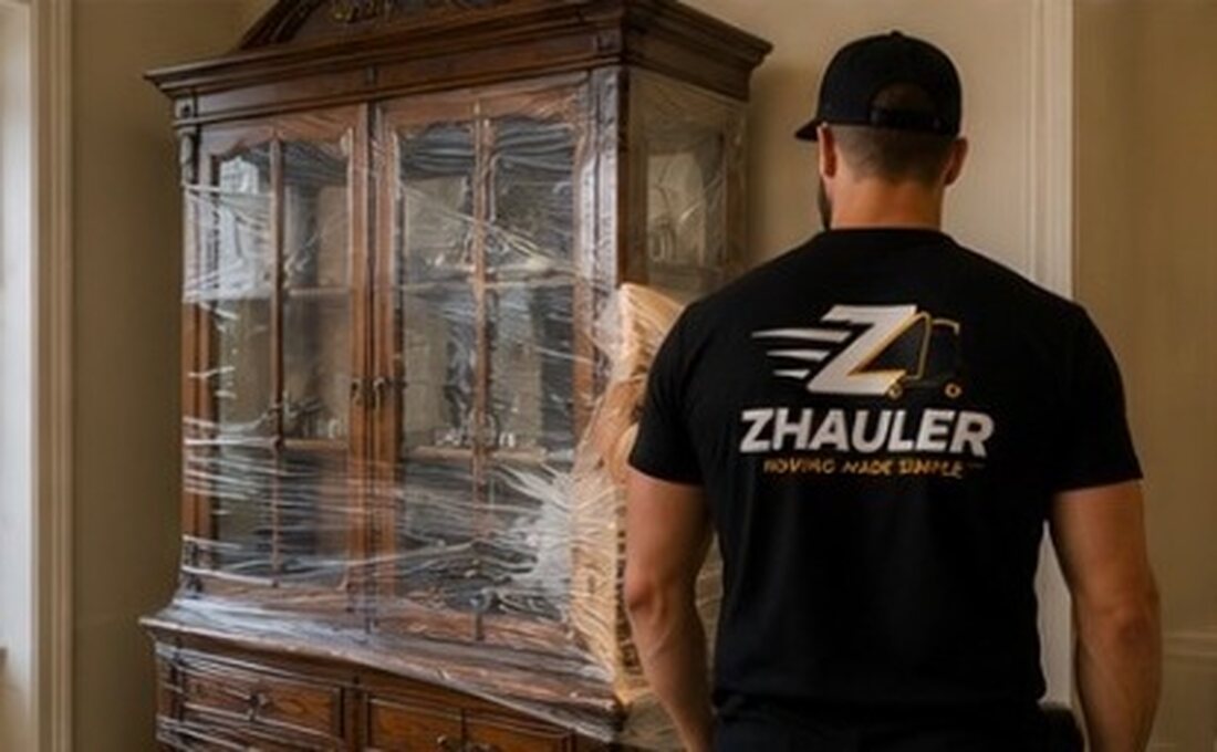 A ZHauler mover carrying a shrink-wrapped antique display cabinet