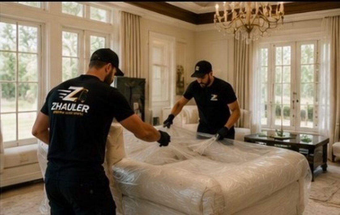 Two ZHauler movers wrapping a bed in protective film before loading